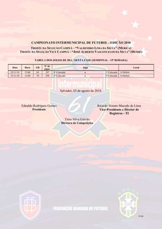 33/44
CAMPEONATO INTERMUNICIPAL DE FUTEBOL - EDIÇÃO 2018
TROFÉU DA SELEÇÃO CAMPEÃ – “VALDEMIRO LIMA DA SILVA” (MERICA)
TROFÉU DA SELEÇÃO VICE CAMPEÃ – “JOSÉ ALBERTO VASCONCELOS DA SILVA” (DENDÊ)
TABELA DOS JOGOS DE IDA / SEXTA FASE (SEMIFINAL - 15ª RODADA)
Data Hora GR
Nº de
jogos
Jogo Local
25/11/18 15:00 69 297 4ª Colocada x 1ª Colocada A Definir
25/11/18 15:00 70 298 3ª Colocada x 2ª Colocada A Definir
Salvador, 03 de agosto de 2018.
Ednaldo Rodrigues Gomes
Presidente
Ricardo Nonato Macedo de Lima
Vice-Presidente e Diretor de
Registros - TI
Taíse Silva Galvão
Diretora de Competições
 