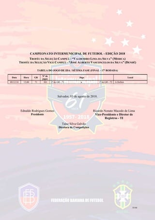 35/44
CAMPEONATO INTERMUNICIPAL DE FUTEBOL - EDIÇÃO 2018
TROFÉU DA SELEÇÃO CAMPEÃ – “VALDEMIRO LIMA DA SILVA” (MERICA)
TROFÉU DA SELEÇÃO VICE CAMPEÃ – “JOSÉ ALBERTO VASCONCELOS DA SILVA” (DENDÊ)
TABELA DO JOGO DE IDA / SÉTIMA FASE (FINAL - 17ª RODADA)
Data Hora GR
Nº de
jogos
Jogo Local
09/12/18 15:00 71 301 1ª do GR - 71 x 1ª do GR - 72 A Definir
Salvador, 03 de agosto de 2018.
Ednaldo Rodrigues Gomes
Presidente
Ricardo Nonato Macedo de Lima
Vice-Presidente e Diretor de
Registros - TI
Taíse Silva Galvão
Diretora de Competições
 