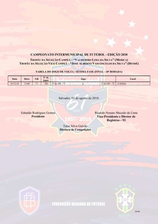 36/44
CAMPEONATO INTERMUNICIPAL DE FUTEBOL - EDIÇÃO 2018
TROFÉU DA SELEÇÃO CAMPEÃ – “VALDEMIRO LIMA DA SILVA” (MERICA)
TROFÉU DA SELEÇÃO VICE CAMPEÃ – “JOSÉ ALBERTO VASCONCELOS DA SILVA” (DENDÊ)
TABELA DO JOGO DE VOLTA / SÉTIMA FASE (FINAL - 18ª RODADA)
Data Hora GR
Nº de
jogos
Jogo Local
16/12/18 15:00 71 302 1ª do GR - 71 x 1ª do GR - 72 A Definir
Salvador, 03 de agosto de 2018.
Ednaldo Rodrigues Gomes
Presidente
Ricardo Nonato Macedo de Lima
Vice-Presidente e Diretor de
Registros - TI
Taíse Silva Galvão
Diretora de Competições
 