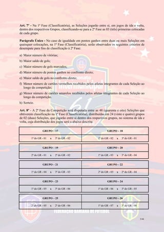 5/44
Art. 7º - Na 1ª Fase (Classificatória), as Seleções jogarão entre si, em jogos de ida e volta,
dentro dos respectivos Grupos, classificando-se para a 2ª Fase as 03 (três) primeiras colocadas
de cada grupo.
Parágrafo Único - No caso de igualdade em pontos ganhos entre duas ou mais Seleções em
quaisquer colocações, na 1ª Fase (Classificatória), serão observados os seguintes critérios de
desempate para fins de classificação à 2ª Fase:
a) Maior número de vitórias;
b) Maior saldo de gols;
c) Maior número de gols marcados;
d) Maior número de pontos ganhos no confronto direto;
e) Maior saldo de gols no confronto direto;
f) Menor número de cartões vermelhos recebidos pelos atletas integrantes de cada Seleção ao
longo da competição;
g) Menor número de cartões amarelos recebidos pelos atletas integrantes de cada Seleção ao
longo da competição.
h) Sorteio.
Art. 8º - A 2ª Fase da Competição será disputada entre as 48 (quarenta e oito) Seleções que
obtiverem classificação na 1ª Fase (Classificatória), distribuídas em 24 (vinte e quatro) grupos
de 02 (duas) Seleções, que jogarão entre si dentro dos respectivos grupos, no sistema de ida e
volta, cuja distribuição dos jogos será a abaixo descrita:
GRUPO – 17 GRUPO – 18
1ª do GR - 01 x 3ª do GR - 02 1ª do GR - 02 x 3ª do GR - 01
GRUPO – 19 GRUPO – 20
2ª do GR - 01 x 2ª do GR - 02 1ª do GR - 03 x 3ª do GR - 04
GRUPO – 21 GRUPO – 22
1ª do GR - 04 x 3ª do GR - 03 2ª do GR - 03 x 2ª do GR - 04
GRUPO – 23 GRUPO – 24
1ª do GR - 05 x 3ª do GR - 06 1ª do GR - 06 x 3ª do GR - 05
GRUPO – 25 GRUPO – 26
2ª do GR - 05 x 2ª do GR - 06 1ª do GR - 07 x 3ª do GR - 08
 