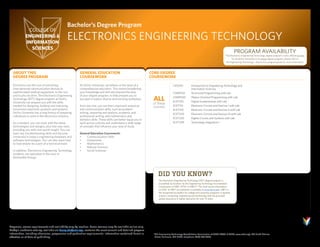 COLLEGE OF
ENGINEERING &
INFORMATION
SCIENCES
ELECTRONICS ENGINEERING TECHNOLOGY
Bachelor’s Degree Program
GENERAL EDUCATION
COURSEWORK
At DeVry University, we believe in the value of a
comprehensive education. This means broadening
your knowledge and skill sets beyond the area
of your degree program, to help prepare you to
succeed in today’s diverse and evolving workplace.
From day one, you can learn important analytical
and communication skills, such as problem-
solving, reasoning and analysis, academic and
professional writing, and mathematics and
statistics skills. These skills can better equip you to
work across cultures and understand a wide range
of concepts that influence your area of study.
General Education Coursework:
•	 Communication Skills
•	 Humanities
•	 Mathematics
•	 Natural Sciences
•	 Social Sciences
CORE-DEGREE
COURSEWORK
CEIS100	 Introduction to Engineering Technology and
	 Information Sciences
COMP122	Structured Programming with Lab
COMP220	Object-Oriented Programming with Lab
ECET105 	 Digital Fundamentals with Lab
ECET110	Electronic Circuits and Devices I with Lab
ECET210	Electronic Circuits and Devices II with Lab
ECET220	Electronic Circuits and Devices III with Lab
ECET230	Digital Circuits and Systems with Lab
ECET299	Technology Integration I
ALL
of these
courses
DID YOU KNOW?
The Electronics Engineering Technology (EET) degree program is
accredited, by location, by the Engineering Technology Accreditation
Commission of ABET (ETAC of ABET)1
. The most recent information
on ETAC of ABET accreditation is available at www.devry.edu. ABET is
the recognized accreditor for college and university programs in applied
science, computing, engineering and technology that has provided
quality assurance in higher education for over 75 years.
PROGRAM AVAILABILITY
The Electronics Engineering Technology degree program is only offered on-site.
For students interested in an online degree program, please refer to
the Engineering Technology – Electronics program guide for more information.
ABOUT THIS
DEGREE PROGRAM
Electronics are the core of everything
from personal communication devices to
sophisticated medical equipment, to the cars
and trucks we drive. The Electronics Engineering
Technology (EET) degree program at DeVry
University can prepare you with the skills
needed for designing, building and improving
tomorrow’s electronic products and systems.
DeVry University has a long history of preparing
individuals to work in the electronics industry.
As a student, you can work with the latest
technologies and designs, plus test new ones,
providing you with real-world insight. You can
learn key troubleshooting skills and become
immersed in today’s engineering hardware and
software technologies. You can also learn how
to lead and/or be a part of a technical team.
In addition, Electronics Engineering Technology
students can specialize in the area of
Renewable Energy.
1 
The Engineering Technology Accreditation Commission of ABET (ETAC of ABET, www.abet.org), 415 North Charles
Street, Baltimore, MD 21201, telephone: (410) 347-7700.
Programs, course requirements and availability vary by location. Some courses may be available online only.
DeVry’s academic catalog, available via devry.edu/catalogs, contains the most current and detailed program
information, including admission, progression and graduation requirements. Information contained herein is
effective as of date of publishing.
 