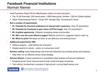 1
Facebook Financial Institutions
Norman Niemer
 Used Facebook Graph API for effectiveness metrics on fans and posts
 Top 10 US financials, 200 recent posts = 2000 data points. Another 1,200 for Citibank global
 Stack: Preprocessing Python + Graph API, Storage SQL, Processing R, Excel
 Ran a number of experiments:
 #1: Potential for financial institutions to interact with customers. Only 3% penetration
 #2: Potential for Facebook to gain share of $17bn buget. Only 3% penetration?
 #3: A global opportunity. Citibank’s emerging market communities
 #4: Who runs the most effective pages? MetLife and B of A. Laggards need to catch up
 #5: When to post? Mondays are best, as are afternoon and evening hours
 Additional experiments TBD:
 Outliers analysis – what defines the viral post?
 Weekly reports for clients – what’s on consumers mind?
 Solution selling: build relationships with financial institutions by providing advice and solutions
 Help them run an effective social media strategy
 Norman Niemer: 8 years experience in quantitative data analysis at financial institutions
 Entrepreneurial: drove improvements at both small and large companies
 Tech affinity: founded tech company in high-school, running SaaS startup now
 