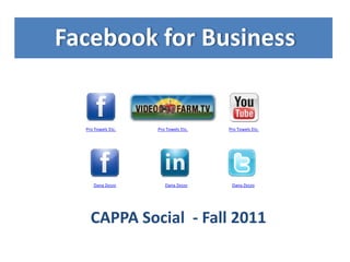 Facebook for Business


  Pro Towels Etc.        Pro Towels Etc.   Pro Towels Etc.




     Dana Zezzo             Dana Zezzo      Dana Zezzo


                        Presenter:
    CAPPA Social - Fall 2011a R.
                    Zezzo ProTowels Etc.
 