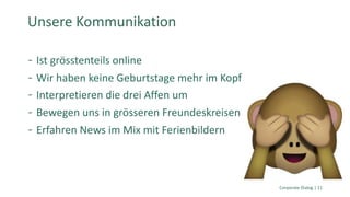Ist grösstenteils online
Wir haben keine Geburtstage mehr im Kopf
Interpretieren die drei Affen um
Bewegen uns in grösseren Freundeskreisen
Erfahren News im Mix mit Ferienbildern
Corporate Dialog | 11
Unsere Kommunikation
 