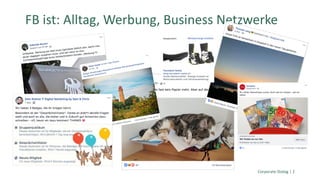 Corporate Dialog | 2
FB ist: Alltag, Werbung, Business Netzwerke
 