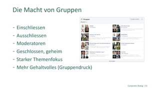 Einschliessen
Ausschliessen
Moderatoren
Geschlossen, geheim
Starker Themenfokus
Mehr Gehaltvolles (Gruppendruck)
Corporate Dialog | 31
Die Macht von Gruppen
 