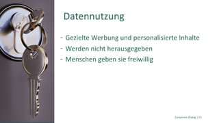 Corporate Dialog | 51
Daten
Nutzun
g
Gezielte Werbung und personalisierte Inhalte
Werden nicht herausgegeben
Menschen geben sie freiwillig
Datennutzung
 