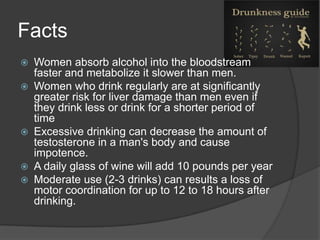 Facts









Women absorb alcohol into the bloodstream
faster and metabolize it slower than men.
Women who drink regularly are at significantly
greater risk for liver damage than men even if
they drink less or drink for a shorter period of
time
Excessive drinking can decrease the amount of
testosterone in a man's body and cause
impotence.
A daily glass of wine will add 10 pounds per year
Moderate use (2-3 drinks) can results a loss of
motor coordination for up to 12 to 18 hours after
drinking.

 