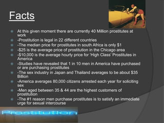 Facts












At this given moment there are currently 40 Million prostitutes at
work
-Prostitution is legal in 22 different countries
-The median price for prostitutes in south Africa is only $1
-$25 is the average price of prostitution in the Chicago area
-$10,000 is the average hourly price for ‘High Class’ Prostitutes in
America
-Studies have revealed that 1 in 10 men in America have purchased
or are purchasing prostitutes
-The sex industry in Japan and Thailand averages to be about $35
Billion
-America averages 80,000 citizens arrested each year for soliciting
sex
-Men aged between 35 & 44 are the highest customers of
prostitution
-The #1 reason men purchase prostitutes is to satisfy an immediate
urge for sexual intercourse

 