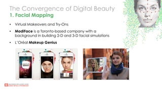 The Convergence of Digital Beauty
1. Facial Mapping
•  Virtual Makeovers and Try-Ons
•  ModiFace is a Toronto-based company with a
background in building 2-D and 3-D facial simulations
•  L’Oréal Makeup Genius
 