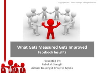 Copyright © 2011 Adonai Training LLP. All rights reserved.




What Gets Measured Gets Improved
           Facebook Insights

               Presented by:
              Rebekah Seragih
      Adonai Training & Kreative Media
 