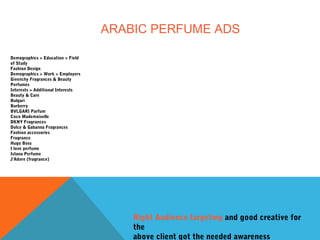 ARABIC PERFUME ADS
Demographics > Education > Field
of Study
Fashion Design
Demographics > Work > Employers
Givenchy Fragrances & Beauty
Perfumes
Interests > Additional Interests
Beauty & Care
Bulgari
Burberry
BVLGARI Parfum
Coco Mademoiselle
DKNY Fragrances
Dolce & Gabanna Fragrances
Fashion accessories
Fragrance
Hugo Boss
I love perfume
Istana Perfume
J'Adore (fragrance)
Right Audience targeting and good creative for
the
above client got the needed awareness
 