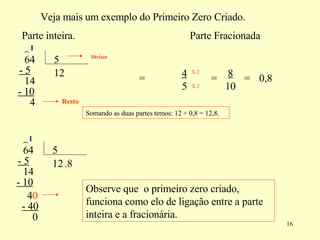 Veja mais um exemplo do Primeiro Zero Criado. 64  5 ( 1 - 5 1 4 2 - 10 4 Resto Divisor = 4  5 = 8  10 = 0,8 Parte inteira. Parte Fracionada Somando as duas partes temos: 12 + 0,8 = 12,8. ( 1 - 5 1 4 2 - 10 4 0 , 8 - 40 0 Observe que  o primeiro zero criado, funciona como elo de ligação entre a parte inteira e a fracionária. X 2 X 2 64  5 