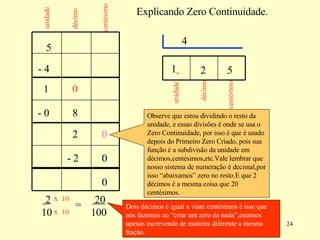 Explicando Zero Continuidade. 4 5 1 - 4 1 unidade décimo centésimo unidade décimo centésimo 0 , 2 2 0 5 0 Observe que estou dividindo o resto da unidade, e essas divisões é onde se usa o Zero Continuidade, por isso é que é usado depois do Primeiro Zero Criado, pois sua função é a subdivisão da unidade em décimos,centésimos,etc.Vale lembrar que nosso sistema de numeração é decimal,por isso “abaixamos” zero no resto.E que 2 décimos é a mesma coisa que 20 centésimos. 2  10 = 20  100 Dois décimos é igual a vinte centésimos é isso que nós fazemos ao “criar um zero do nada”,estamos apenas escrevendo de maneira diferente a mesma fração. - 0  8 - 2 0 10 10 x x 