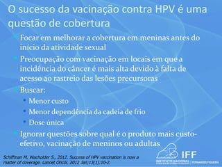 O sucesso da vacinação contra HPV é uma
  questão de cobertura
      Focar em melhorar a cobertura em meninas antes do
       início da atividade sexual
      Preocupação com vacinação em locais em que a
       incidência do câncer é mais alta devido à falta de
       acesso ao rastreio das lesões precursoras
      Buscar:
          Menor custo
          Menor dependência da cadeia de frio
          Dose única
      Ignorar questões sobre qual é o produto mais custo-
        efetivo, vacinação de meninos ou adultas
Schiffman M, Wacholder S., 2012. Success of HPV vaccination is now a
matter of coverage. Lancet Oncol. 2012 Jan;13(1):10-2.
 