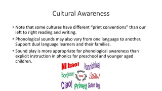 Cultural Awareness
• Note that some cultures have different “print conventions” than our
left to right reading and writing.
• Phonological sounds may also vary from one language to another.
Support dual language learners and their families.
• Sound play is more appropriate for phonological awareness than
explicit instruction in phonics for preschool and younger aged
children.
 