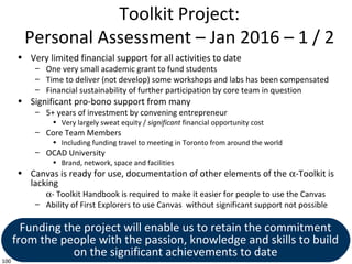 100
Toolkit Project:
Personal Assessment – Jan 2016 – 1 / 2
• Very limited financial support for all activities to date
– ...
