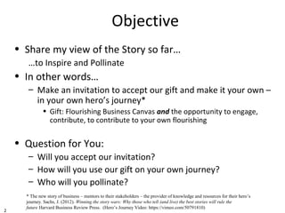 2
Objective
• Share my view of the Story so far…
…to Inspire and Pollinate
• In other words…
– Make an invitation to accep...