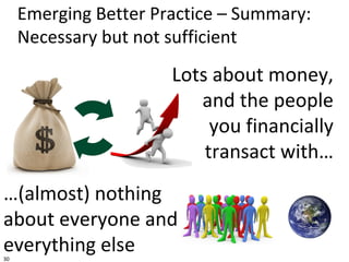 30
Emerging Better Practice – Summary:
Necessary but not sufficient
…(almost) nothing
about everyone and
everything else
L...