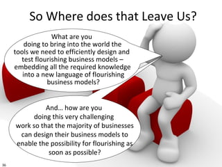 36
So Where does that Leave Us?
What are you
doing to bring into the world the
tools we need to efficiently design and
test flourishing business models –
embedding all the required knowledge
into a new language of flourishing
business models?
And… how are you
doing this very challenging
work so that the majority of businesses
can design their business models to
enable the possibility for flourishing as
soon as possible?
 