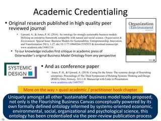73
Academic Credentialing
• And as conference paper
– Jones, P. H., & Upward, A. (2014). Caring for the future: The systemic design of flourishing
enterprises. Proceedings of The Third Symposium of Relating Systems Thinking and Design
(RSD3), Oslo, Norway, 3(1) 1-8. Manuscript with Links to Presentation
www.academia.edu/14497937
• Original research published in high quality peer
reviewed journal
• Upward, A., & Jones, P. H. (2016). An ontology for strongly sustainable business models:
Defining an enterprise framework compatible with natural and social science. Organization &
Environment, Special Issue: Business Models for Sustainability: Entrepreneurship, Innovation,
and Transformation 29(1), 1-27. doi:10.1177/1086026615592933 & download manuscript:
www.academia.edu/14461116
• To our knowledge includes first critique in academic press of
Osterwalder’s original Business Model Ontology from any perspective
More on the way + quasi academic / practitioner book chapter
Uniquely amongst all other ‘sustainable’ business model tools proposed,
not only is the Flourishing Business Canvas conceptually powered by its
own formally defined ontology informed by systems-oriented economic,
environmental, social, organizational and psychological science, this
ontology has been credentialed via the peer-review publication process
 