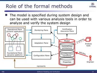 Role of the formal methods
 The model is specified during system design and
can be used with various analysis tools in order to
analyze and verify the system design
Parametrized
architecture
Properties
Reconfiguration
transitions
Certification
Assurance Plane
Model
Operational Plane
(dynamic application)
Foundational Plane
(dynamic platform)
Analysis
tools
Engineer
represents
specifies
is used by
Monitoring Plane
Configuration Plane
Adaptation Plane
FBK Software Modeling and Verification 14
 