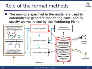 Role of the formal methods
 The monitors specified in the model are used to
automatically generate monitoring code, and to
specify alarms raised by the Monitoring Plane
Parametrized
architecture
Properties
Reconfiguration
transitions
Certification
Assurance Plane
Model
Operational Plane
(dynamic application)
Foundational Plane
(dynamic platform)
Analysis
tools
Engineer
represents
specifies
is used by
Monitoring Plane
Configuration Plane
Adaptation Plane
FBK Software Modeling and Verification 16
 
