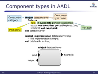 Component types in AADL
subject databaseServer
features
input: in event data port sqlRequest.Data;
output: out event data port sqlResponse.Data;
heartbeat: out event port;
end databaseServer;
subject implementation databaseServer.impl
-- This implementation is empty.
end databaseServer.impl;
Component
category
Component
type name
Port name
Port type
subject databaseServer
input heartbeat
output
FBK Software Modeling and Verification 23
 