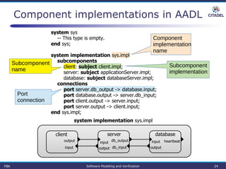 Component implementations in AADL
system sys
-- This type is empty.
end sys;
system implementation sys.impl
subcomponents
client: subject client.impl;
server: subject applicationServer.impl;
database: subject databaseServer.impl;
connections
port server.db_output -> database.input;
port database.output -> server.db_input;
port client.output -> server.input;
port server.output -> client.input;
end sys.impl;
Port
connection
Component
implementation
name
Subcomponent
name
Subcomponent
implementation
system implementation sys.impl
server database
input
output
heartbeatdb_output
db_input
input
output
client
output
input
FBK Software Modeling and Verification 24
 
