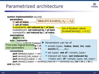 Parametrized architecture
system implementation sys.impl
parameters
C: set of index;
S: set of index;
trustedClients: set indexed by C of bool;
trustedServers: set indexed by S of bool;
connectedTo: set indexed by C of index;
assumptions
size(S) > 0;
subcomponents
database: subject databaseServer.impl;
clients: set indexed by C of subject client.impl;
servers: set indexed by S of subject applicationServer.impl;
connections
port database.output -> servers[s].db_input if trustedServers[s] for s in S;
port servers[s].db_output -> database.input if trustedServers[s] for s in S;
port servers[s].output -> clients[c].input if s = connectedTo[c] for s in S, c in C;
port clients[c].output -> servers[s].input if s = connectedTo[c] for s in S, c in C;
end sys.impl;
 Parameters can be of
 simple types: index, bool, int, real,
enum(id1, …, idn)
 set types: set of <simple_type>
 indexed set type: set indexed by
<index set> of <simple_type, set_type>
Set of Boolean values
{trustedClients[c] : c in C}
Value of C is a set {c1
, c2
, …, cn
}
First-order logical formula
over parameters
FBK Software Modeling and Verification 35
 