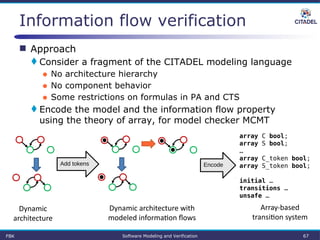  Approach
 Consider a fragment of the CITADEL modeling language
● No architecture hierarchy
● No component behavior
● Some restrictions on formulas in PA and CTS
 Encode the model and the information flow property
using the theory of array, for model checker MCMT
Information flow verification
Dynamic 
architecture
Add tokens
Dynamic architecture with 
modeled information flows
Encode
array C bool;
array S bool;
…
array C_token bool;
array S_token bool;
initial …
transitions …
unsafe …
Array-based 
transition system
FBK Software Modeling and Verification 67
 