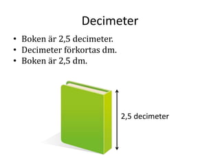Decimeter
• Boken är 2,5 decimeter.
• Decimeter förkortas dm.
• Boken är 2,5 dm.
2,5 decimeter
 
