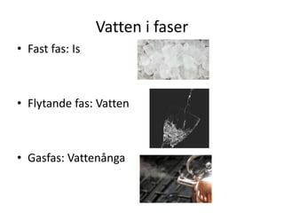 Vatten i faser
• Fast fas: Is
• Flytande fas: Vatten
• Gasfas: Vattenånga
 