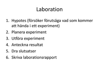 Laboration
1. Hypotes (försöker förutsäga vad som kommer
att hända i ett experiment)
2. Planera experiment
3. Utföra experiment
4. Anteckna resultat
5. Dra slutsatser
6. Skriva laborationsrapport
 