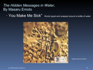The Hidden Messages in Water,   By Masaru Emoto You Make Me Sick”   Words typed and wrapped around a bottle of water “ Image used by permission 