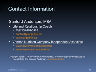 Contact Information Sanford Anderson,  MBA Life and Relationship Coach Cell 360-791-3965 [email_address]   www.largerlife.biz Vemma Nutrition Company Independent Associate www.myvemma.com/sanforda www.myverve.com/sanforda Copyright notice: This document is copyrighted.  You may copy and distribute it if you attribute it to Sanford Anderson,  www.largerlife.biz .  