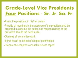 Grade-Level Vice Presidents
Four Positions - Sr. Jr. So. Fr.
•Assist the president in his/her duties
•Preside at meetings in the absence of the president and be
prepared to assume the duties and responsibilities of the
president should the need arise
•Oversee all committee work
•Serve as an ex-officio of chapter committees
•Prepare the chapter’s annual business report
 