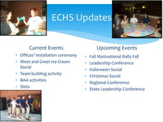 ECHS Updates
Current Events
 Offices’ installation ceremony
 Meet and Greet Ice Cream
Social
 Team building activity
 BAA activities
 Slots
Upcoming Events
 Fall Motivational Rally Fall
 Leadership Conference
 Halloween Social
 Christmas Social
 Regional Conference
 State Leadership Conference
 