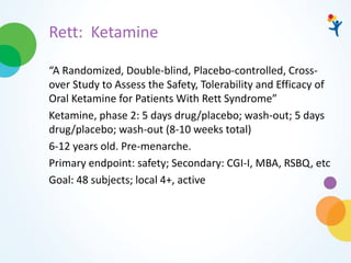 Rett: Ketamine
“A Randomized, Double-blind, Placebo-controlled, Cross-
over Study to Assess the Safety, Tolerability and Efficacy of
Oral Ketamine for Patients With Rett Syndrome”
Ketamine, phase 2: 5 days drug/placebo; wash-out; 5 days
drug/placebo; wash-out (8-10 weeks total)
6-12 years old. Pre-menarche.
Primary endpoint: safety; Secondary: CGI-I, MBA, RSBQ, etc
Goal: 48 subjects; local 4+, active
 