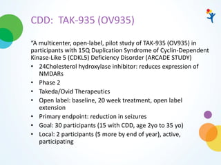CDD: TAK-935 (OV935)
“A multicenter, open-label, pilot study of TAK-935 (OV935) in
participants with 15Q Duplication Syndrome of Cyclin-Dependent
Kinase-Like 5 (CDKL5) Deficiency Disorder (ARCADE STUDY)
• 24Cholesterol hydroxylase inhibitor: reduces expression of
NMDARs
• Phase 2
• Takeda/Ovid Therapeutics
• Open label: baseline, 20 week treatment, open label
extension
• Primary endpoint: reduction in seizures
• Goal: 30 participants (15 with CDD, age 2yo to 35 yo)
• Local: 2 participants (5 more by end of year), active,
participating
 