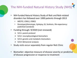 The NIH-funded Natural History Study (NHS)
• NIH-funded Natural History Study of Rett and Rett-related
disorders has followed over 1000 patients through 2013
• MECP2, CDKL5, FOXG1
• Genotype/phenotype, Epilepsy, GI, Scoliosis, life-expectancy:
published standards
• Funding through: 9/2020 (not renewed)
 5211: parent protocol
 5212: neurophysiological biomarkers
 5213: genetic and metabolic biomarkers
 5214: Behavioral analyses
• Study visits occur separately from regular Rett Clinic
• Biomarker: objective measure of disease severity or predictive
of disease progression or response to treatment
 