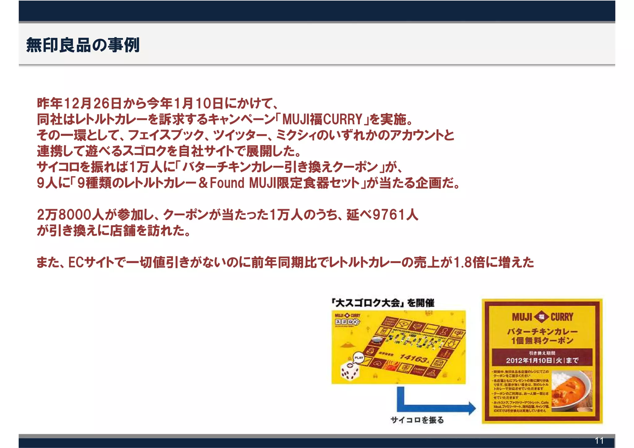 無印良品の事例


昨年12月26日から今年1月10日にかけて、
同社はレトルトカレーを訴求するキャンペーン「MUJI福CURRY」を実施。
その一環として、フェイスブック、ツイッター、ミクシィのいずれかのアカウントと
連携して遊べるスゴロクを自社サイトで展開した。
サイコロを振れば1万人に「バターチキンカレー引き換えクーポン」が、
9人に「9種類のレトルトカレー＆Found MUJI限定食器セット」が当たる企画だ。

2万8000人が参加し、クーポンが当たった1万人のうち、延べ9761人
が引き換えに店舗を訪れた。

また、ECサイトで一切値引きがないのに前年同期比でレトルトカレーの売上が1.8倍に増えた




                                               11
 