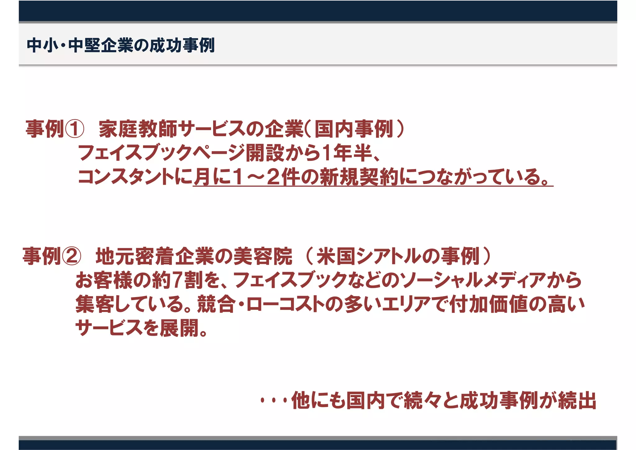 中小・中堅企業の成功事例




事例① 家庭教師サービスの企業（国内事例）
   フェイスブックページ開設から1年半、
   コンスタントに月に１〜２件の新規契約につながっている。


事例② 地元密着企業の美容院 （米国シアトルの事例）
   お客様の約7割を、フェイスブックなどのソーシャルメディアから
   集客している。競合・ローコストの多いエリアで付加価値の高い
   サービスを展開。


               ･･･他にも国内で続々と成功事例が続出
 