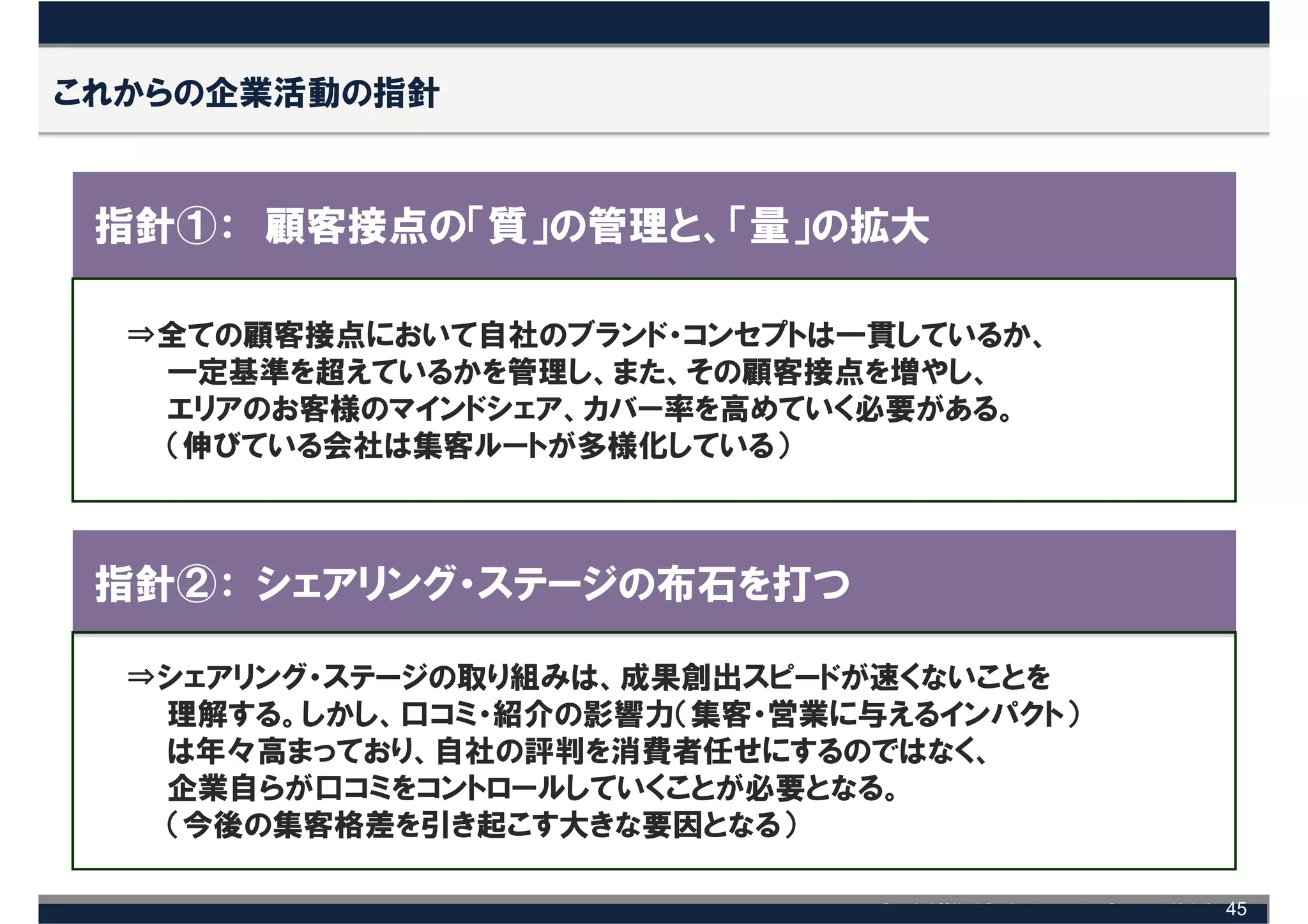 これからの企業活動の指針


 指針①： 顧客接点の「質」の管理と、「量」の拡大

  ⇒全ての顧客接点において自社のブランド・コンセプトは一貫しているか、
   一定基準を超えているかを管理し、また、その顧客接点を増やし、
   エリアのお客様のマインドシェア、カバー率を高めていく必要がある。
   （伸びている会社は集客ルートが多様化している）



 指針②： シェアリング・ステージの布石を打つ

  ⇒シェアリング・ステージの取り組みは、成果創出スピードが速くないことを
   理解する。しかし、口コミ・紹介の影響力（集客・営業に与えるインパクト）
   は年々高まっており、自社の評判を消費者任せにするのではなく、
   企業自らが口コミをコントロールしていくことが必要となる。
   （今後の集客格差を引き起こす大きな要因となる）

                                         45
 