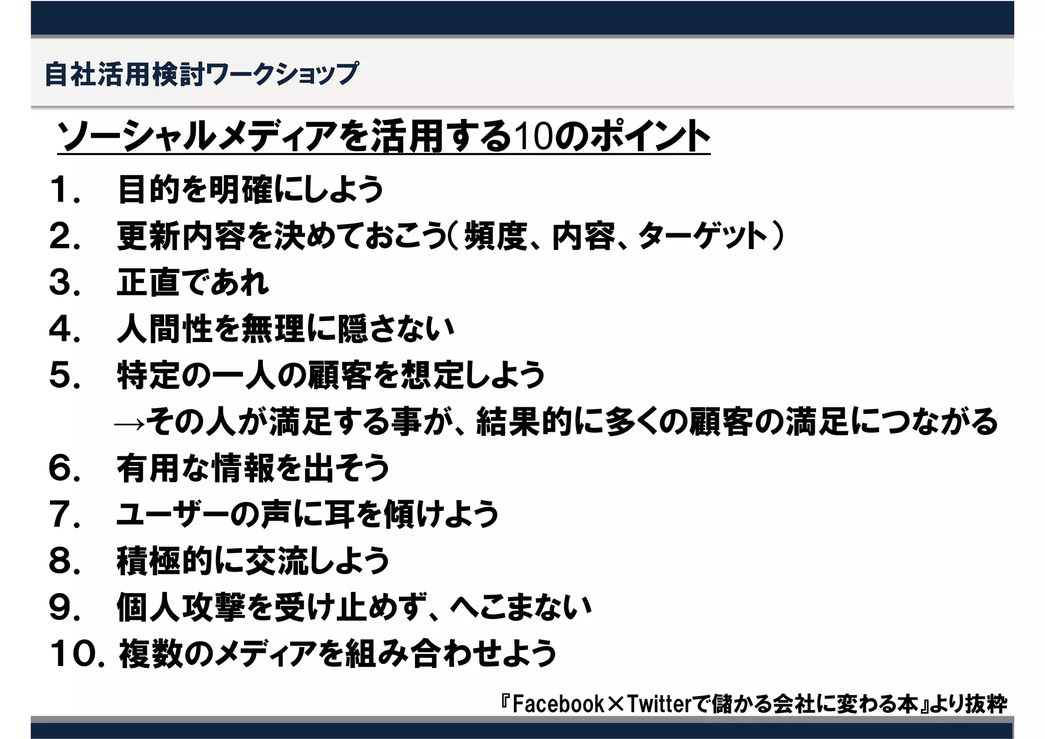自社活用検討ワークショップ

ソーシャルメディアを活用する10のポイント
１． 目的を明確にしよう
２． 更新内容を決めておこう（頻度、内容、ターゲット）
３． 正直であれ
４． 人間性を無理に隠さない
５． 特定の一人の顧客を想定しよう
   →その人が満足する事が、結果的に多くの顧客の満足につながる
６． 有用な情報を出そう
７． ユーザーの声に耳を傾けよう
８． 積極的に交流しよう
９． 個人攻撃を受け止めず、へこまない
１０．複数のメディアを組み合わせよう
                『Facebook×Twitterで儲かる会社に変わる本』より抜粋
 