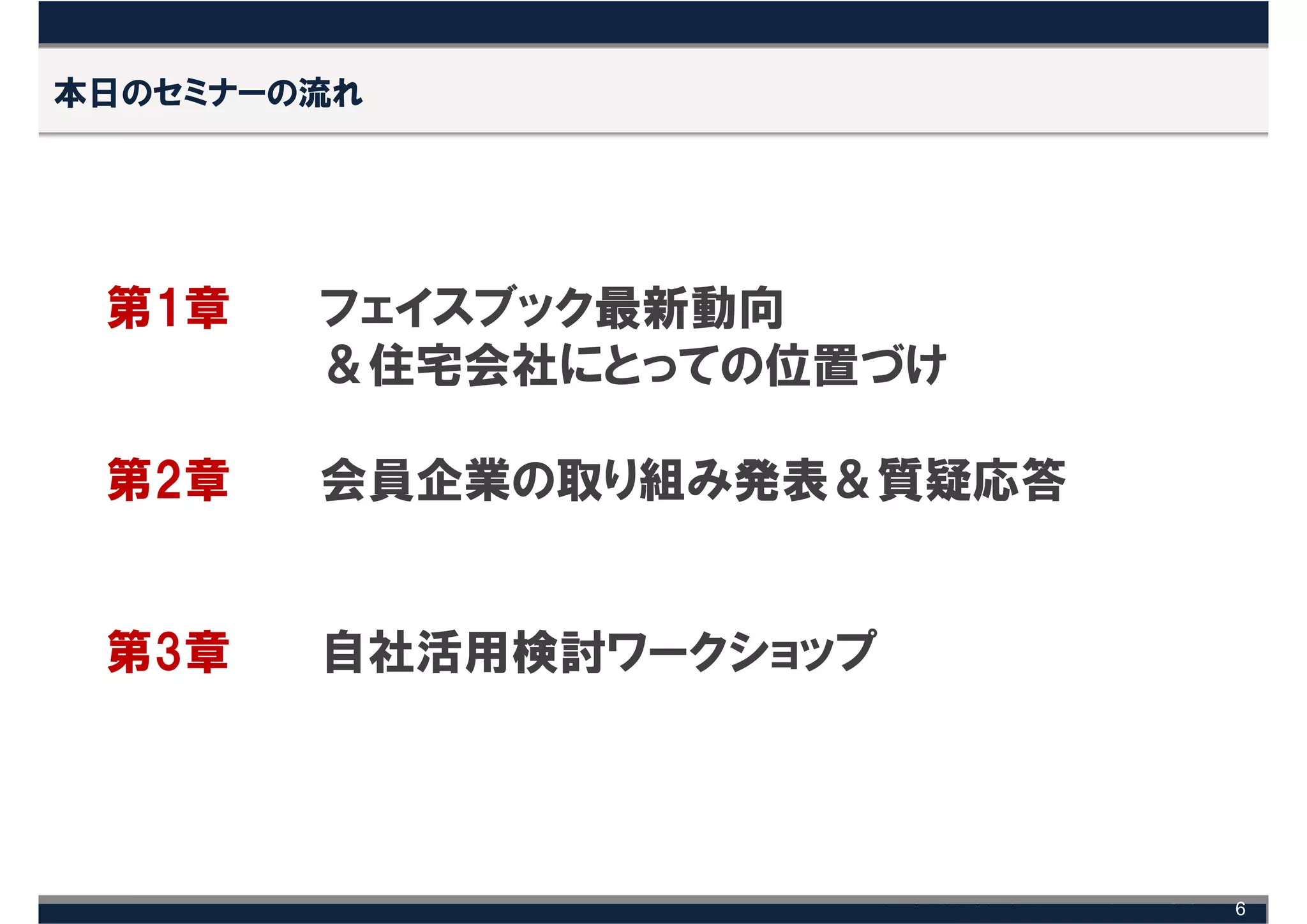 本日のセミナーの流れ




 第1章    フェイスブック最新動向
        ＆住宅会社にとっての位置づけ

 第2章    会員企業の取り組み発表＆質疑応答


 第3章    自社活用検討ワークショップ




                           6
 
