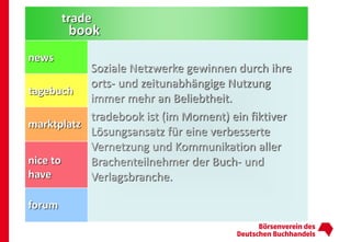 trade
         book
news
           Soziale Netzwerke gewinnen durch ihre
           orts- und zeitunabhängige Nutzung
tagebuch
           immer mehr an Beliebtheit.
           tradebook ist (im Moment) ein fiktiver
marktplatz
           Lösungsansatz für eine verbesserte
           Vernetzung und Kommunikation aller
nice to    Brachenteilnehmer der Buch- und
have       Verlagsbranche.

forum
 