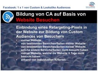 Facebook: 1 x 1 von Custom & Lookalike Audiences 
Einbindung eines Retargeting-Pixels in der Website zur Bildung von Custo...