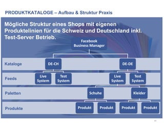 PRODUKTKATALOGE – Aufbau & Struktur Praxis
40
Kataloge
Feeds
Paletten
Produkte
Facebook
Business Manager
DE-CH
Live
System
Test
System
DE-DE
Live
System
Schuhe
Produkt Produkt
Kleider
Produkt Produkt
Test
System
Mögliche Struktur eines Shops mit eigenen
Produktelinien für die Schweiz und Deutschland inkl.
Test-Server Betrieb.
 