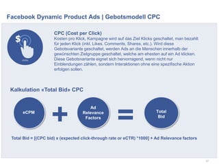 Facebook Dynamic Product Ads | Gebotsmodell CPC
51
CPC (Cost per Click)
Kosten pro Klick, Kampagne wird auf das Ziel Klicks geschaltet, man bezahlt
für jeden Klick (inkl. Likes, Comments, Shares, etc.). Wird diese
Gebotsvariante geschaltet, werden Ads an die Menschen innerhalb der
gewünschten Zielgruppe geschaltet, welche am ehesten auf ein Ad klicken.
Diese Gebotsvariante eignet sich hervorragend, wenn nicht nur
Einblendungen zählen, sondern Interaktionen ohne eine spezifische Aktion
erfolgen sollen.
eCPM
Ad
Relevance
Factors
Total
Bid
+ =
Kalkulation «Total Bid» CPC
Total Bid = [(CPC bid) x (expected click-through rate or eCTR) *1000] + Ad Relevance factors
 